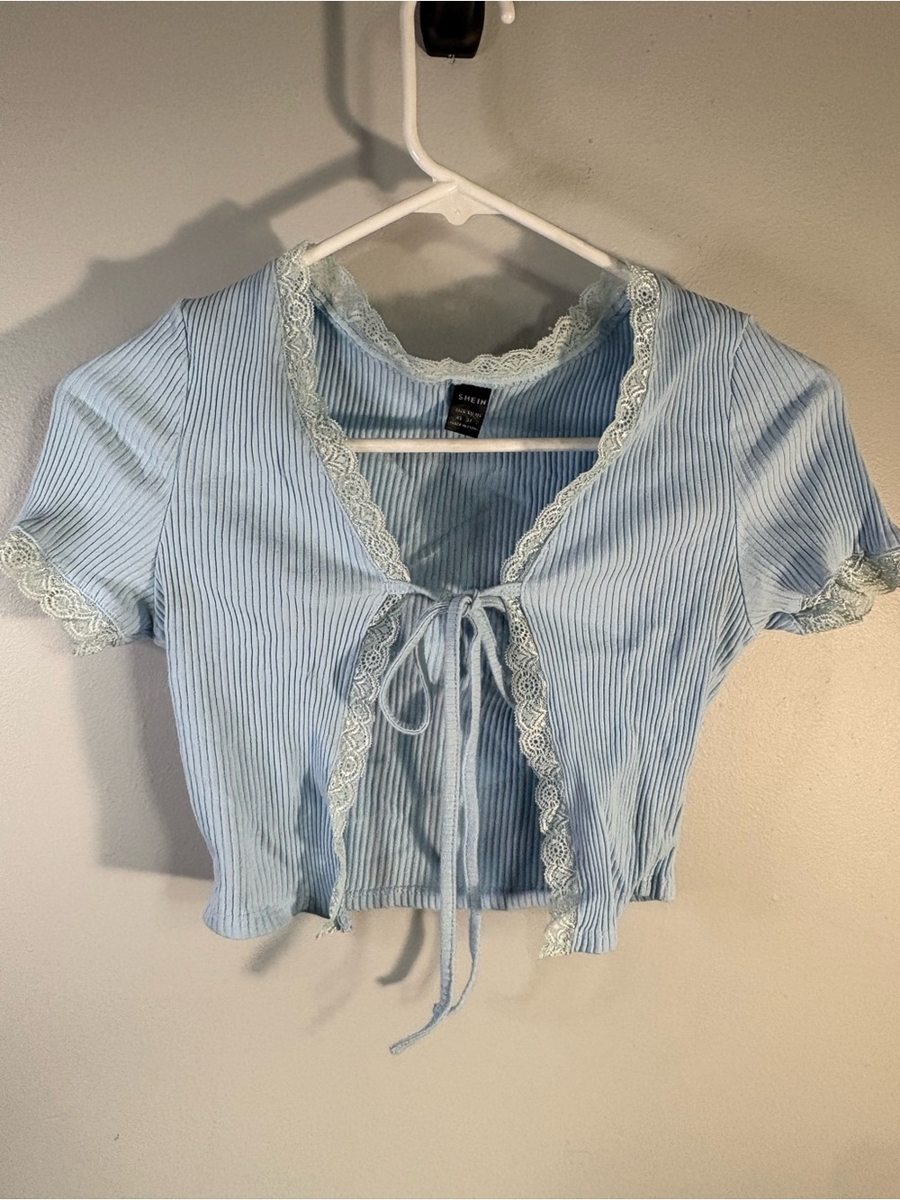 SHEIN Baby Blue Lace-Trim Ribbed Tie-Front Crop Top